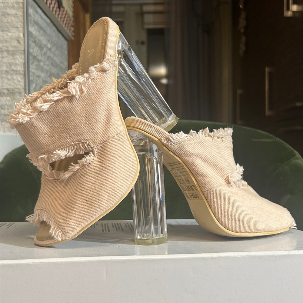 Fringed Denim Peep-Toe Mules with Clear Block Heel, Sz 5.5